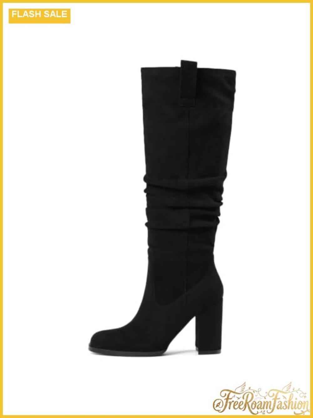 Faux Suede Knee High Slouch Boots Chunky Block Heel Round Toe Side Zipper
